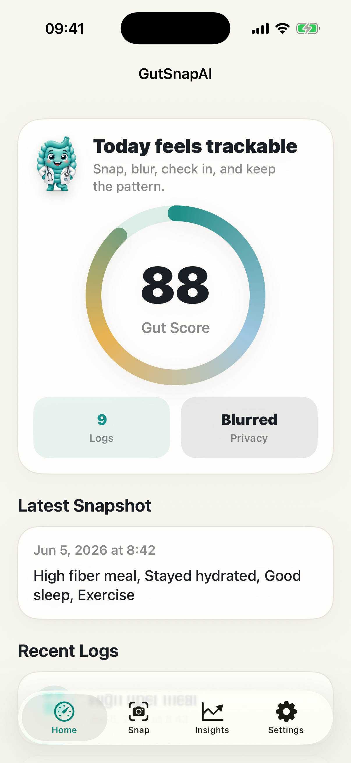 GutSnapAI Home screen showing a Gut Score dashboard and latest snapshot