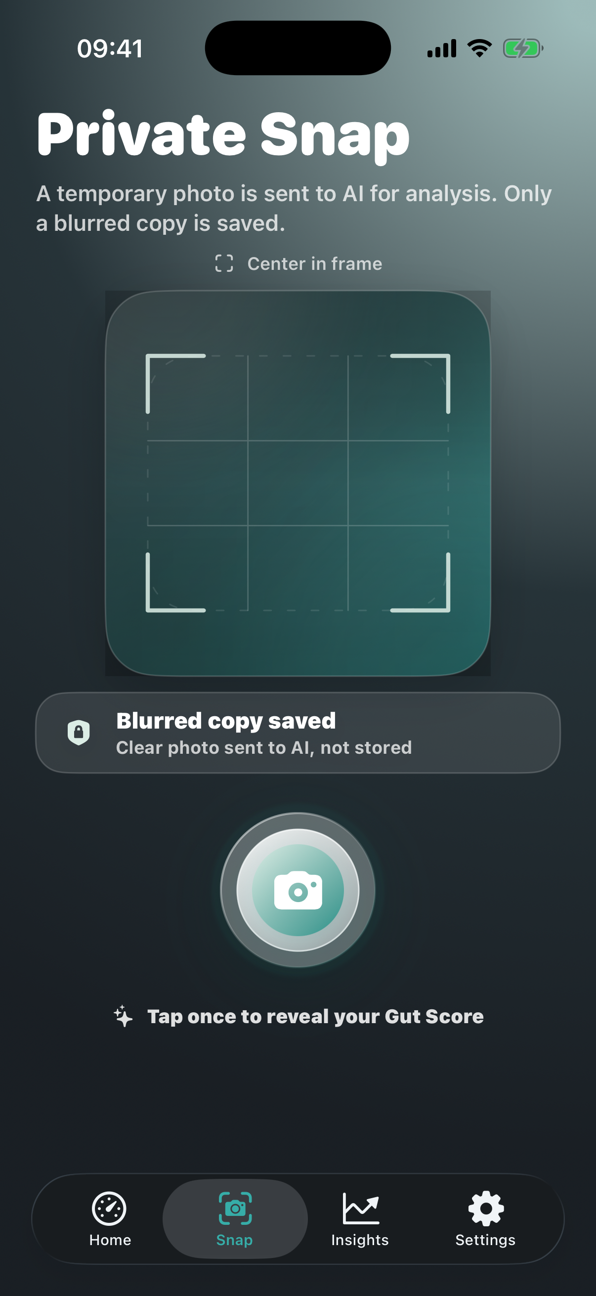 GutSnapAI Snap screen showing the private camera capture flow
